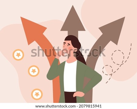 Concept of various paths. Girl looking for solution to problem, internal difficulties. Person chooses between several ways. Pensive character, meditation, mind. Cartoon flat vector illustration