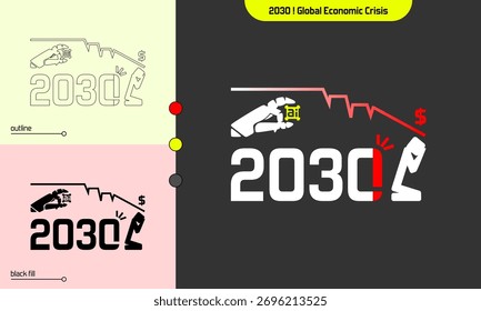 Vector conceptual de la crisis económica global de 2030 con la mano de un robot de IA, la caída de la línea del mercado y la cifra estresada, que simboliza la inestabilidad financiera y el impacto de la automatización.
