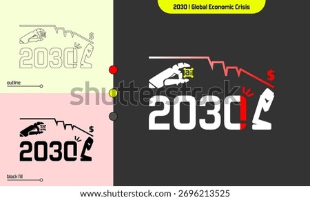 Concept vector of 2030 global economic crisis with AI robot hand, falling market line, and stressed figure, symbolizing financial instability and automation impact.