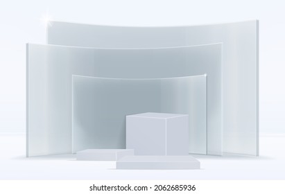 Concept vector 3D shape product display presentation square podium  white with shadow for cosmetic product together with  Transparent backdrop modern minimal  