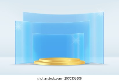 Concept vector 3D shape product display presentation square podium gold with shadow for cosmetic product together with transparent blue glass backdrop modern minimal  