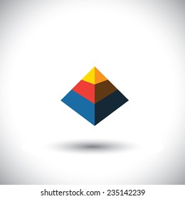 concept vector 3d triangle icon in shape of polyhedron made of yellow orange red blue color slabs