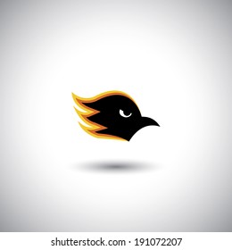Concept vector - aggressive eagle or hawk face with flames. The graphic illustration also represents ferociousness, brutality, fierceness, mercilessness, fearlessness