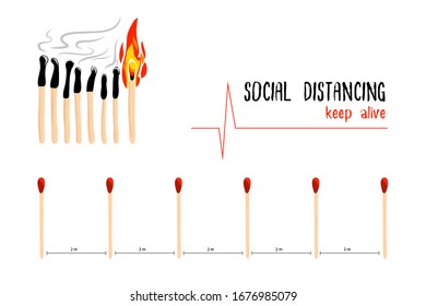 Concept vector art of social distancing. Matches continuous burned by close each other. People who closing may be infect disease as COVID-19 or any epidemic.