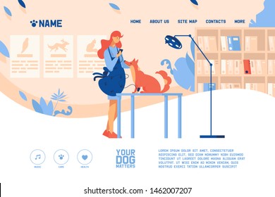 Concept vector banner or landing page template for veterinarian doctor or vet clinic in pastel beige and bright blue and orange colors. Dog and friendly woman checking blood pressure