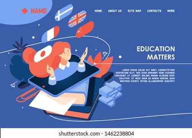 Concept vector banner with woman choosing foreign language to learn. Isometric 3d scene with large chinese character, books and tablet, good for education schools and courses