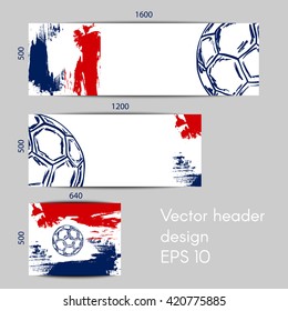 Concept vector banners for football championship with soccer ball and a flag colors
