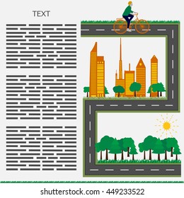 Concept vector booklet environmentally friendly clean city with a girl on a bicycle,  flat style