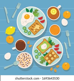 Concept vector breakfast with food and drinks. Tasty hotel breakfast with coffee, tea with lemon, orange juice, poached eggs, fried eggs, vegetables and fruit on a background of checkered fabric.