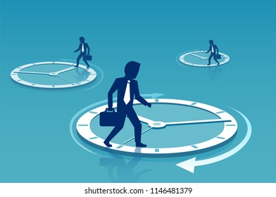 Concept vector of businessmen walking on circles of time clocks busy with routine and tensed with deadlines