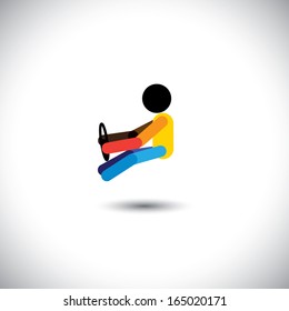 Concept vector of a car driver driving with steering wheels in hand. This colorful & abstract graphic can also represent a relaxed traveler, chauffeur driving a sedan, person on a relaxed ride, racer