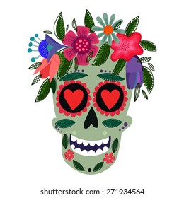 Concept Vector Card- Cute Skull with floral wreath. Vector illustration in Mexican tradition 