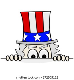 Concept vector cartoon illustration showing Uncle Sam sneakily looking over a wall to spy on someone else