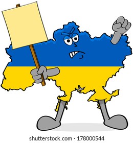 Concept vector cartoon illustration showing an angry map of Ukraine dressed in the country's colors and carrying a protest sign