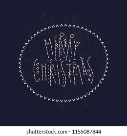Concept of Vector Christmas lettering. Embroidered emblem "Merry Christmas"  on black textile background.