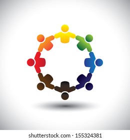 Concept vector of colorful school kids icons holding hands. The illustration represents concepts like worker unions, employee diversity, community friendship & sharing, children playing, etc 
