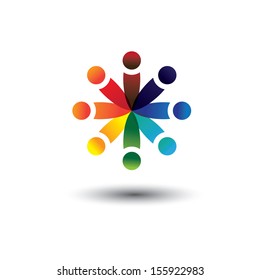 Concept vector of colorful school kids playing in circle. The illustration also represents concepts like worker unions, employee diversity, community friendship & sharing, children in school, etc 