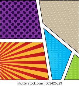  Concept vector comics pop art style blank layout template with clouds beams and isolated dots pattern on background. 