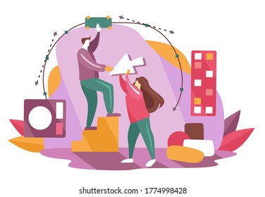 Concept vector of the coworking center. Business meeting. Shared working environment. People drawing and working at the computers in the open space office. Flat design style. Man and woman at business