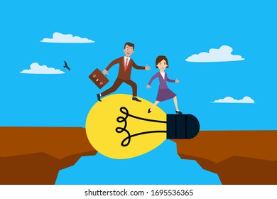 Concept vector of coworking man and woman walking on bridge of light bulb using great idea to overcome problems