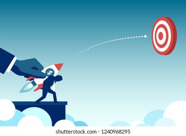 Concept vector design of crop leader hand launching rocket with worker right in red target 