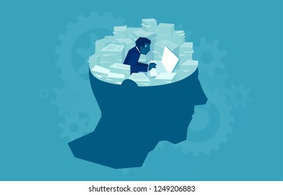 Concept vector design of writer sitting in human mind and creating story with piles of papers around