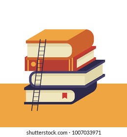 Concept vector of distance studying, self education, digital online library, e-books.  Pile of books with stairs. Flat isometric 3d illustration.