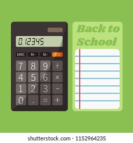 concept vector electronic calculator for elementary math & education. calculate creative pocket calculator flat design cartoon & notebook or lined paper isolated on background. text back to school. 