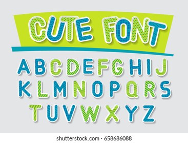 Concept of vector festive alphabet. Blue and green 3d letters with white outline and hatching.