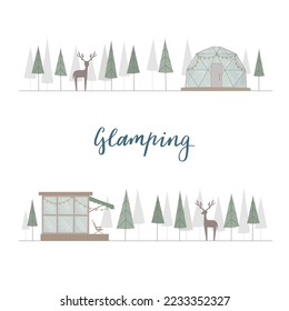 Concept vector forest with wild deer, glamping house. Wood, glass cottage, bubble for convenient contryside life.