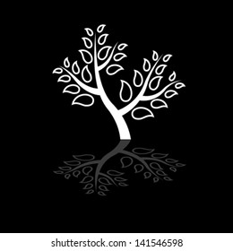 Concept vector graphic- abstract black & white tree icon ( sign ). The illustration shows beautiful plant with white leaves along with its own reflection.