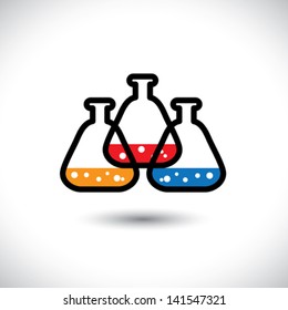 Concept vector graphic- abstract colorful medical lab beaker icons ( signs ). The illustration represents concepts drug discovery, biotechnology research, chemical reactions, etc