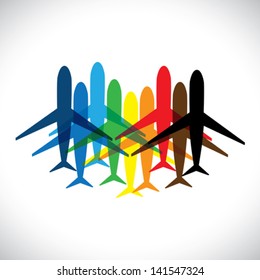 Concept vector graphic- abstract colorful airplane icons ( signs ). The illustration represents the air travel sign in blue, red, orange, yellow, black, brown & green colors