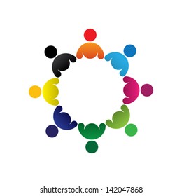 Concept vector graphic- abstract colorful children group icons ( signs ). The illustration represents concepts like worker unions, employee diversity, community friendship & sharing, kids playing, etc