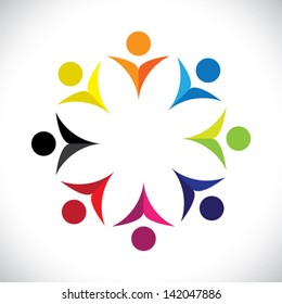 Concept vector graphic- abstract colorful happy children icons ( signs ). The illustration represents concepts like worker unions, employee diversity, community friendship & sharing, kids playing, etc