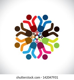 Concept vector graphic- abstract colorful children celebrating icons ( signs ). The illustration shows concepts like worker unions, employee diversity, community friendship & sharing, kids playing,etc
