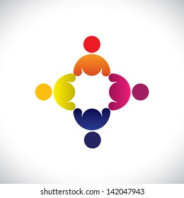 Concept vector graphic- abstract colorful workers meeting icons ( signs ). The illustration represents concepts like worker unions, employee diversity, community friendship & sharing, kids playing,etc