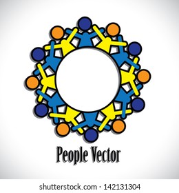 Concept vector graphic- abstract colorful kids having fun icons ( signs ). The illustration represents concepts like workers, employee diversity, community friendship & sharing, children enjoying, etc