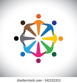 Concept vector graphic- abstract colorful people diversity icons ( signs ). The illustration represents concepts like worker, employee diversity, community friendship & sharing, kids playing, etc