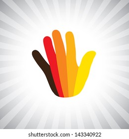Concept vector graphic- abstract colorful hand(palm) symbol(icon). The illustration of the human hand shows 5 fingers in bight and vivid colors like yellow, orange, red, brown, etc