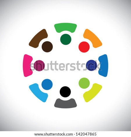 Concept vector graphic- abstract colorful company employees sharing icons ( signs ). The illustration shows concepts like workers, employee diversity, community friendship & sharing, kids playing, etc
