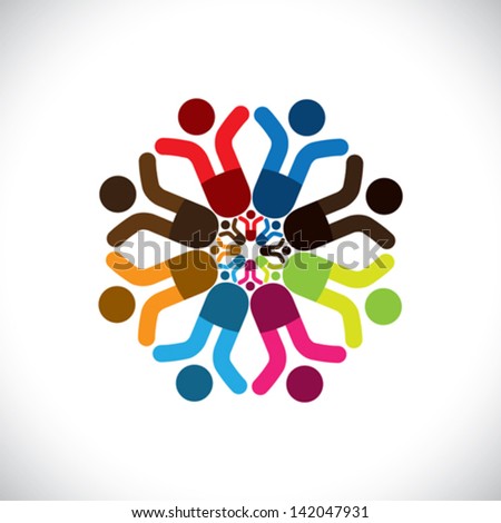 Concept vector graphic- abstract colorful children celebrating icons ( signs ). The illustration shows concepts like worker unions, employee diversity, community friendship & sharing, kids playing,etc