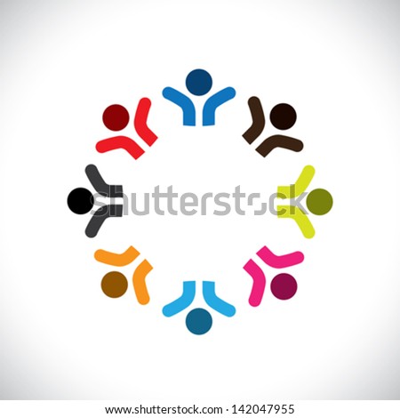 Concept vector graphic- abstract colorful happy people icons ( signs ). The illustration represents concepts like worker unions, employee diversity, community friendship & sharing, kids playing, etc
