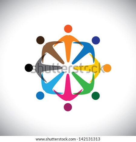 Concept vector graphic- abstract colorful people diversity icons ( signs ). The illustration represents concepts like worker, employee diversity, community friendship & sharing, kids playing, etc