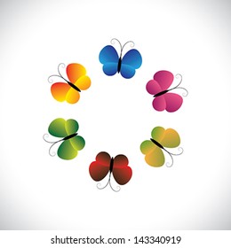 Concept vector graphic- beautiful colorful butterfly icons as a ring. The illustration shows pretty butterflies in red, orange, yellow, green & pink colors arranged as a circle