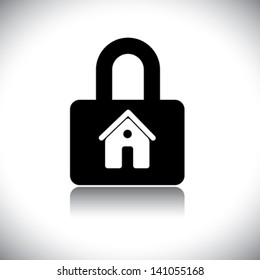 Concept Vector Graphic- Black & White Residential House ( Home ) & Lock Icon. The Illustration Conceptually Represents House Protection And Safety By Insurance And Other Measures.