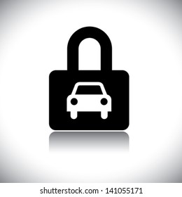 Concept vector graphic- black & white car( motorcar ) & lock icon. The illustration conceptually represents protection of car and its safety by insurance and other measures.