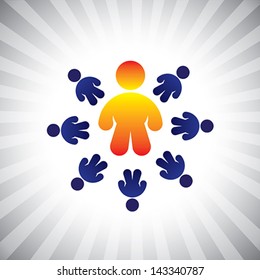 Concept vector graphic- businessman & workers or captain & team of people. The illustration also represents concepts like boss & worker, leader & followers, leadership, positions like CEO, CFO, etc