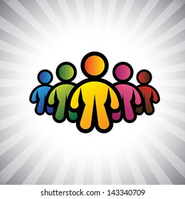 Concept vector graphic- colorful abstract team members & team leader. The illustration also represents concepts like boss & worker, captain & team of people, leadership, positions like CEO, CFO, etc