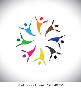 Concept vector graphic- colorful happy joyful people icons ( signs ). The illustration shows concepts like worker unions, employee diversity, community friendship & sharing, kids playing, etc